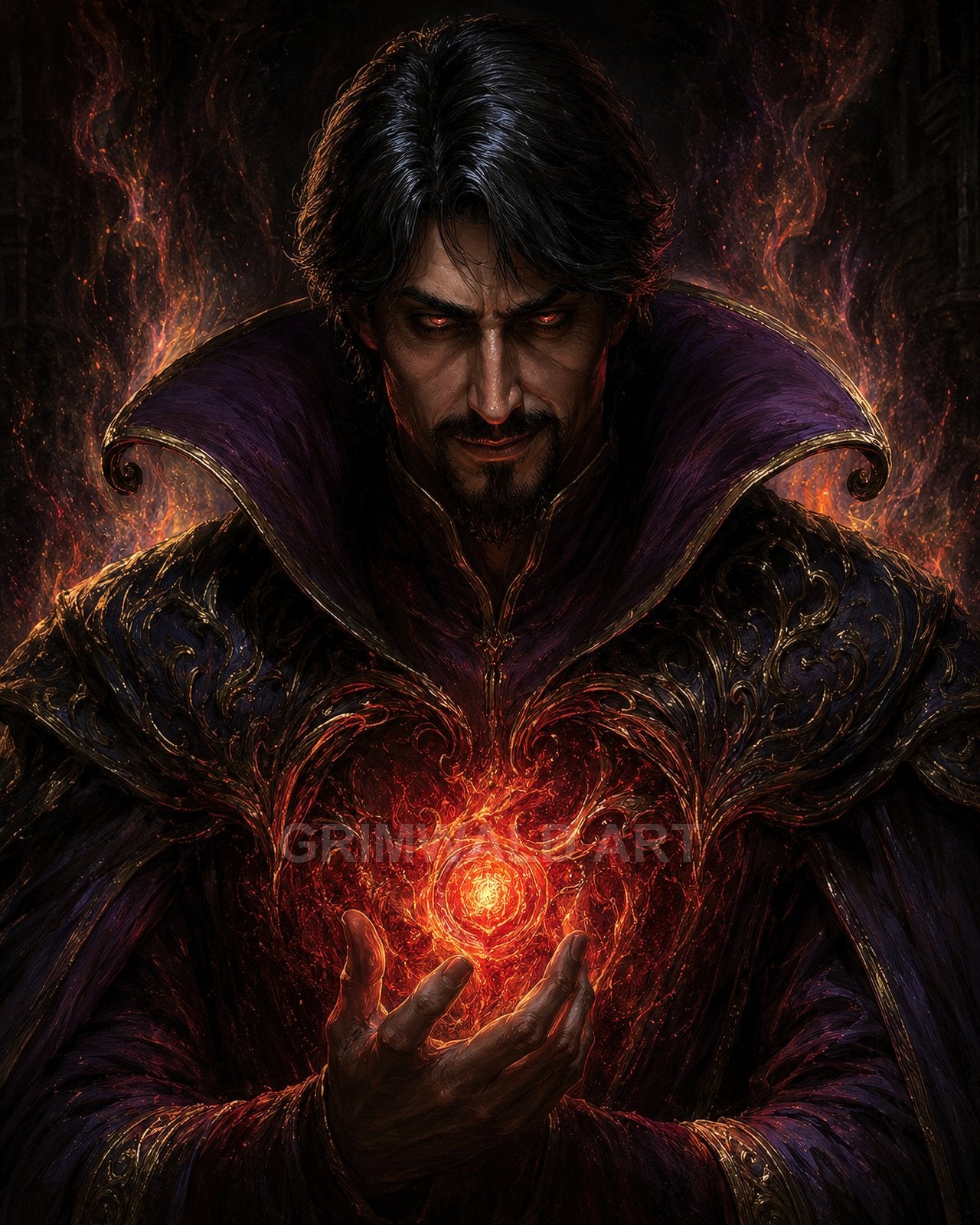 Dark-haired male sorcerer in ornate purple robes conjures a glowing red fire orb between his hands, firelit against a shadowed interior with curling embers.