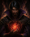 GRID THUMBNAIL — Dark-haired male sorcerer in ornate purple robes conjures a glowing red fire orb between his hands, firelit against a shadowed interior with curling embers.