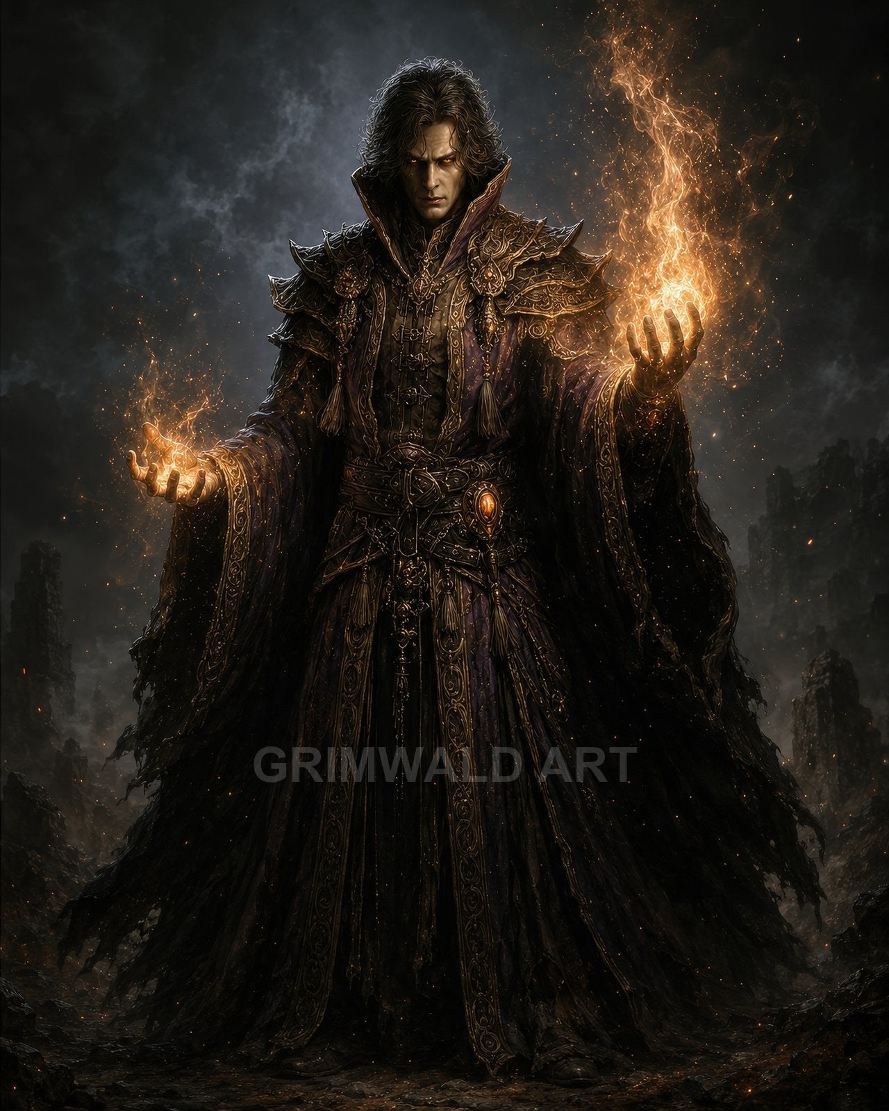 Dark-robed sorcerer conjures blazing fire in both hands amid crumbling ruins and swirling embers, lit by glow against a stormy night sky.