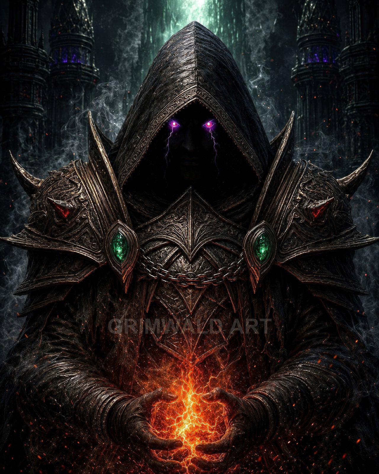 Armoured hooded warlock with glowing violet eyes cups a fiery orb, amid smoke and gothic spires, in a dark, atmospheric cathedral setting.