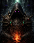 GRID THUMBNAIL — Armoured hooded warlock with glowing violet eyes cups a fiery orb, amid smoke and gothic spires, in a dark, atmospheric cathedral setting.