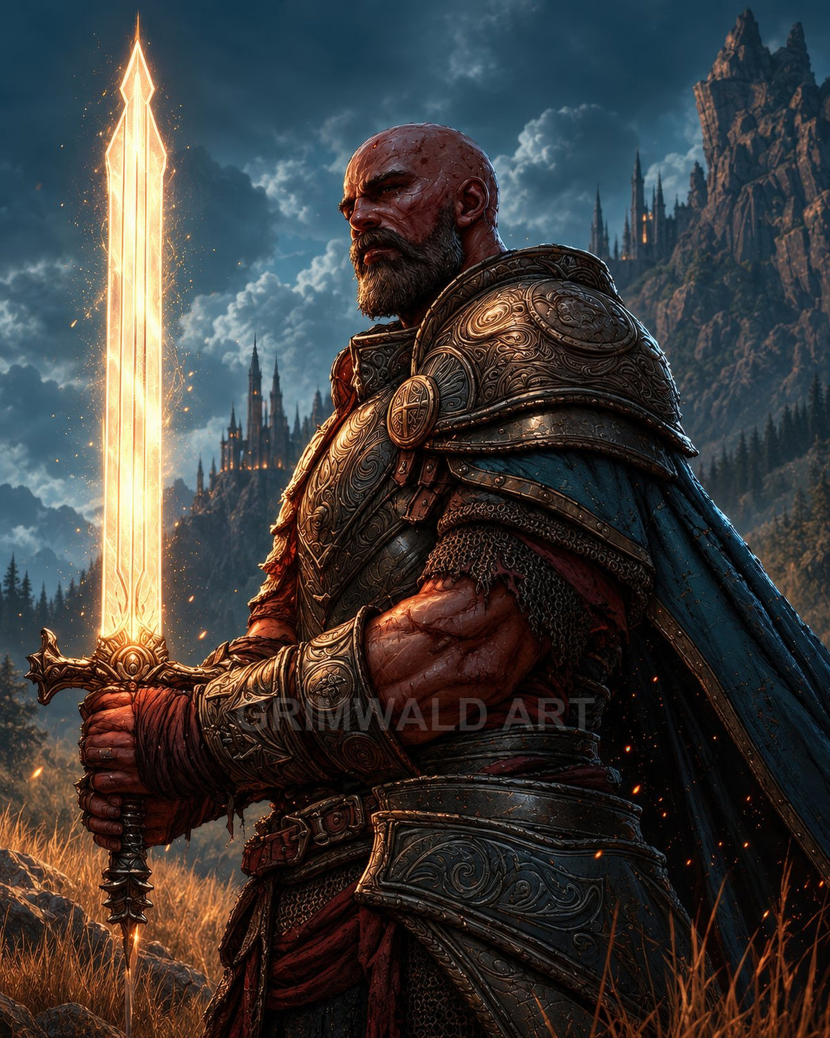 Armoured, bearded knight holding a glowing golden sword, standing in a mountain meadow with castle spires in the distance under stormy twilight skies.
