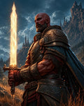 GRID THUMBNAIL — Armoured, bearded knight holding a glowing golden sword, standing in a mountain meadow with castle spires in the distance under stormy twilight skies.