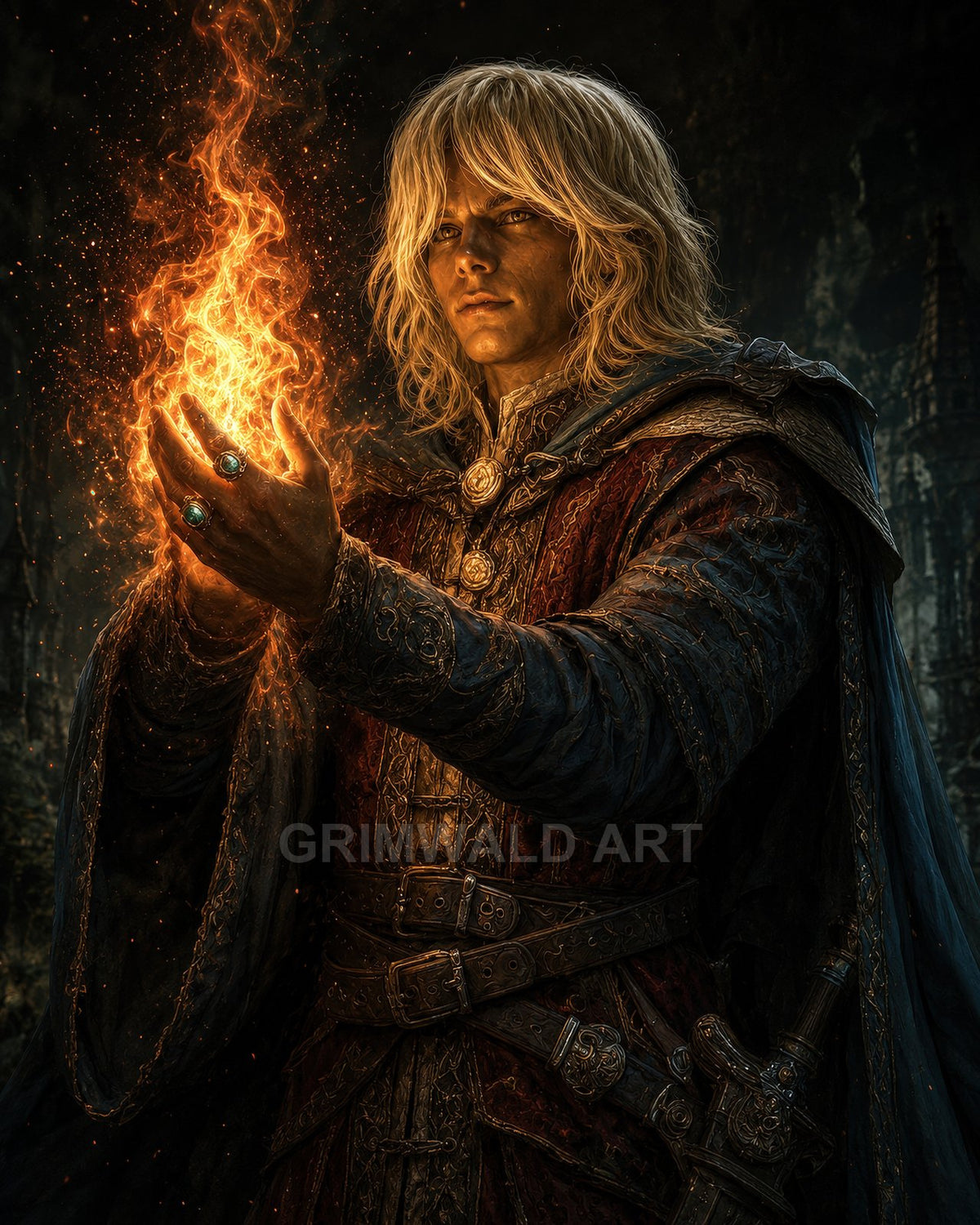 Androgynous medieval sorcerer conjures a swirling orange flame between clasped hands, wearing ornate robes and rings, sword at hip, dark castle background.