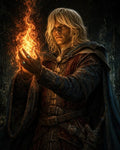 GRID THUMBNAIL — Androgynous medieval sorcerer conjures a swirling orange flame between clasped hands, wearing ornate robes and rings, sword at hip, dark castle background.