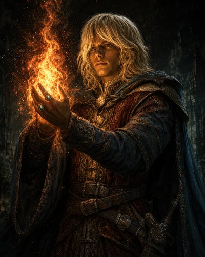 GRID THUMBNAIL — Androgynous medieval sorcerer conjures a swirling orange flame between clasped hands, wearing ornate robes and rings, sword at hip, dark castle background.