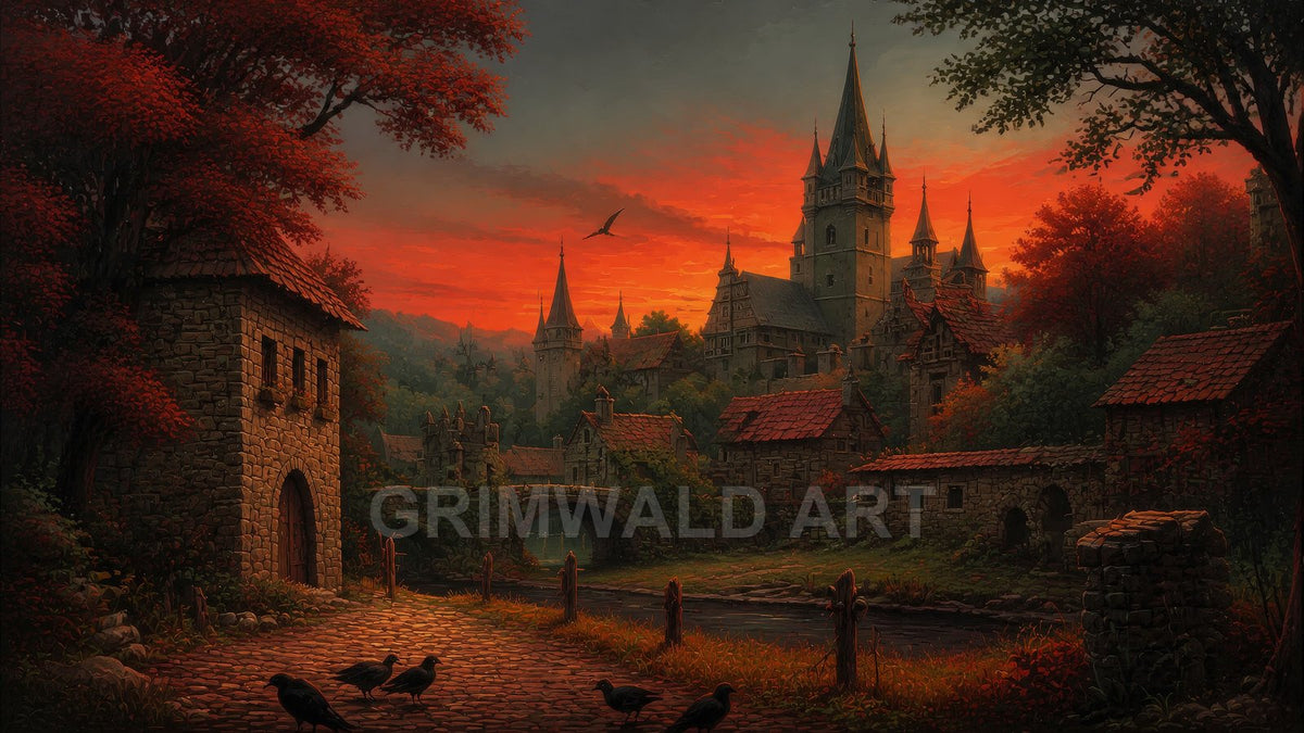 A fiery sunset bathes castle spires and a riverside village in orange light, with autumn trees, a stone bridge, and crows on a cobbled path.