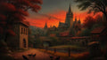 GRID THUMBNAIL — A fiery sunset bathes castle spires and a riverside village in orange light, with autumn trees, a stone bridge, and crows on a cobbled path.