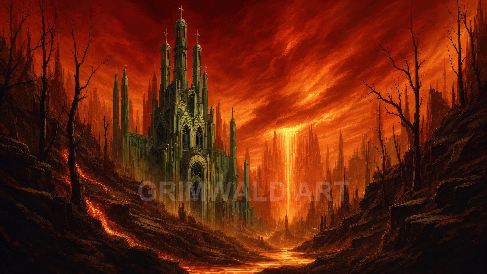 Gothic cathedral towers above a fiery valley, with rivers of lava and a blazing lavafall under a dark, smoky red sky.