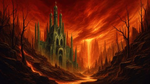 GRID THUMBNAIL — Gothic cathedral towers above a fiery valley, with rivers of lava and a blazing lavafall under a dark, smoky red sky.