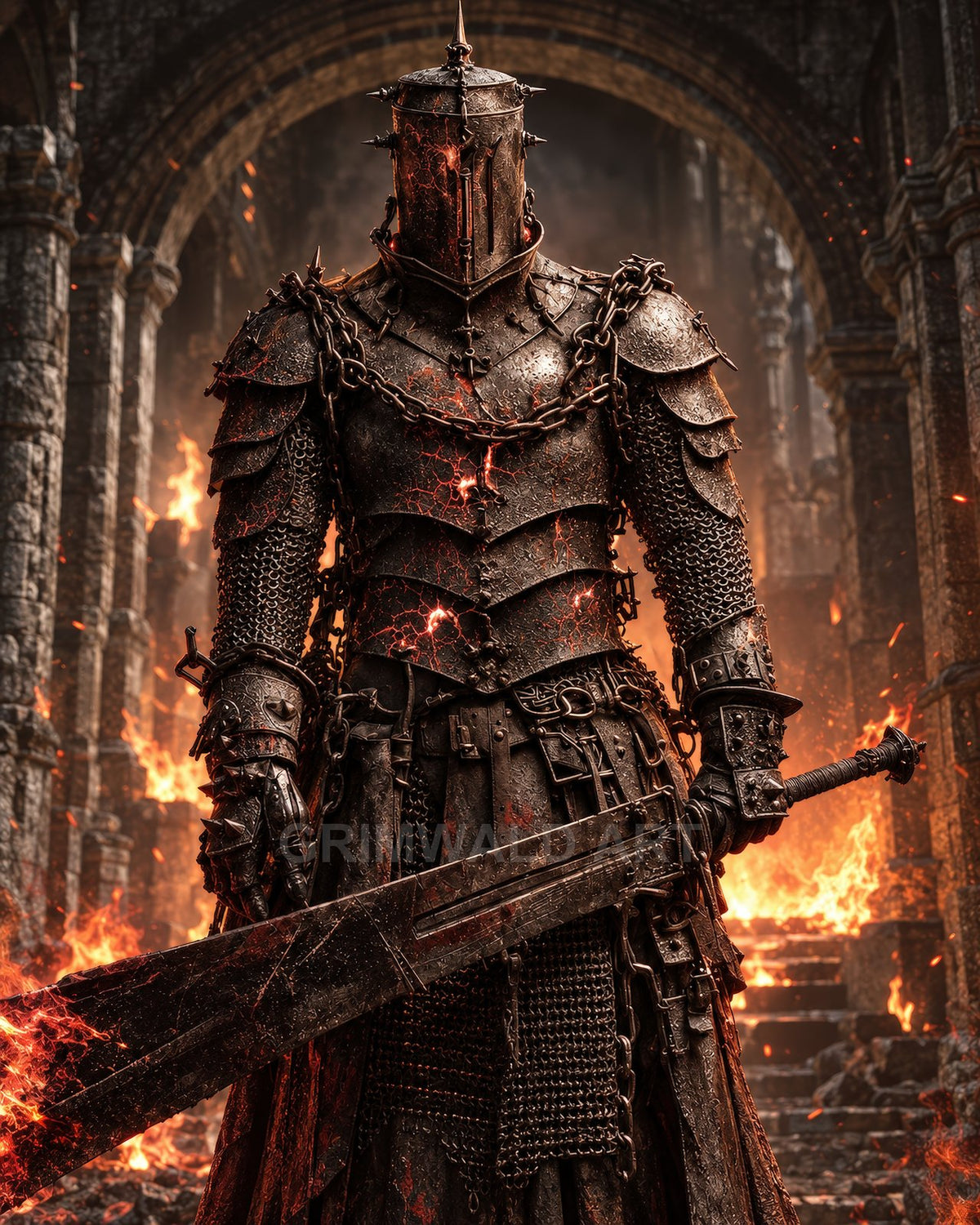 Armoured dark knight with glowing cracks and chains holding a huge sword, standing before burning gothic ruins and arches amid drifting embers.