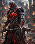 GRID THUMBNAIL — An armoured undead knight with glowing red eyes wields a bloodied double-headed axe before a burning gothic ruin, embers swirling through smoke-filled air.