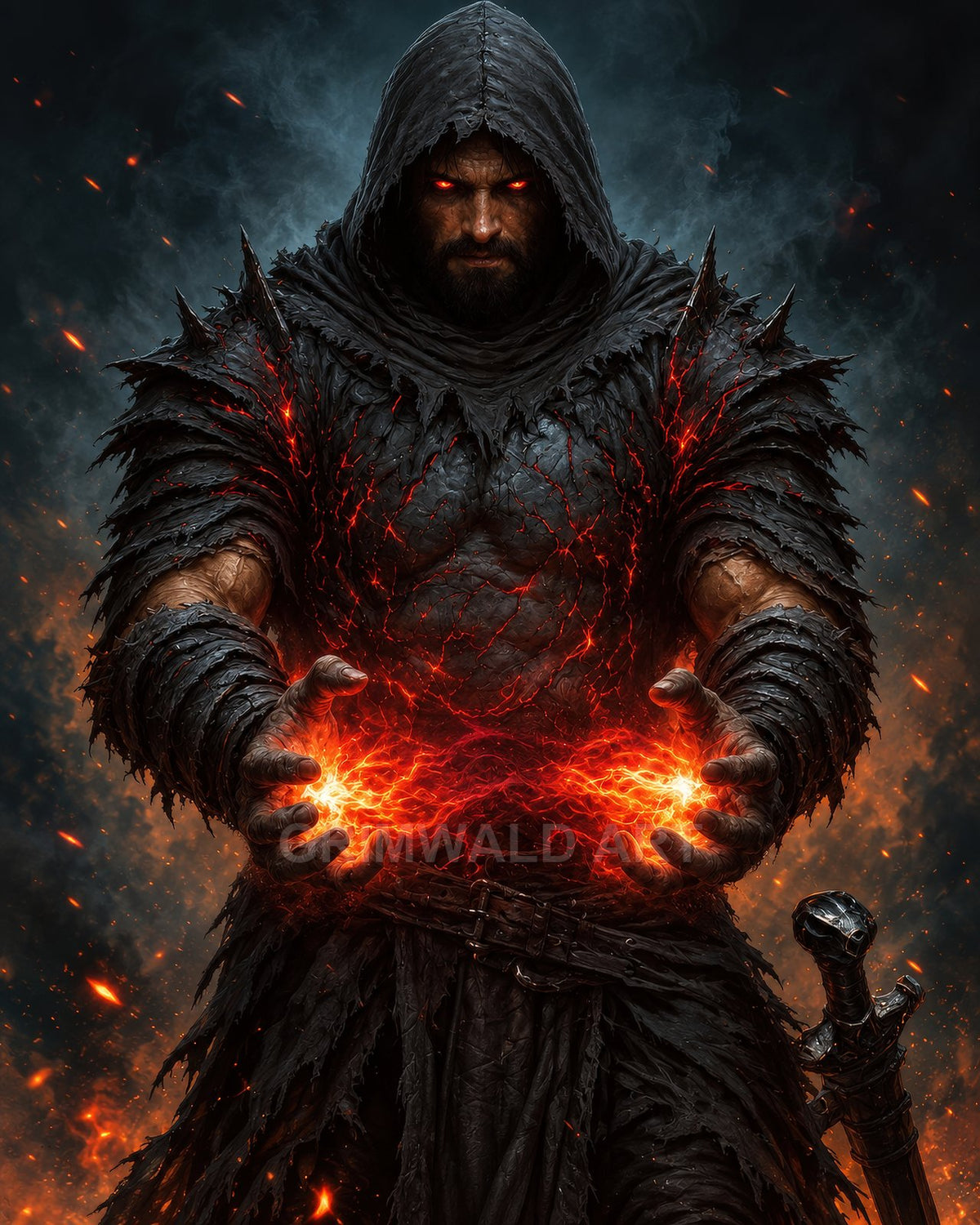 Hooded male warlock with glowing red eyes conjures blazing energy between his hands, wearing charred armour and rags, sword at his side amid embers.