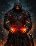 GRID THUMBNAIL — Hooded male warlock with glowing red eyes conjures blazing energy between his hands, wearing charred armour and rags, sword at his side amid embers.