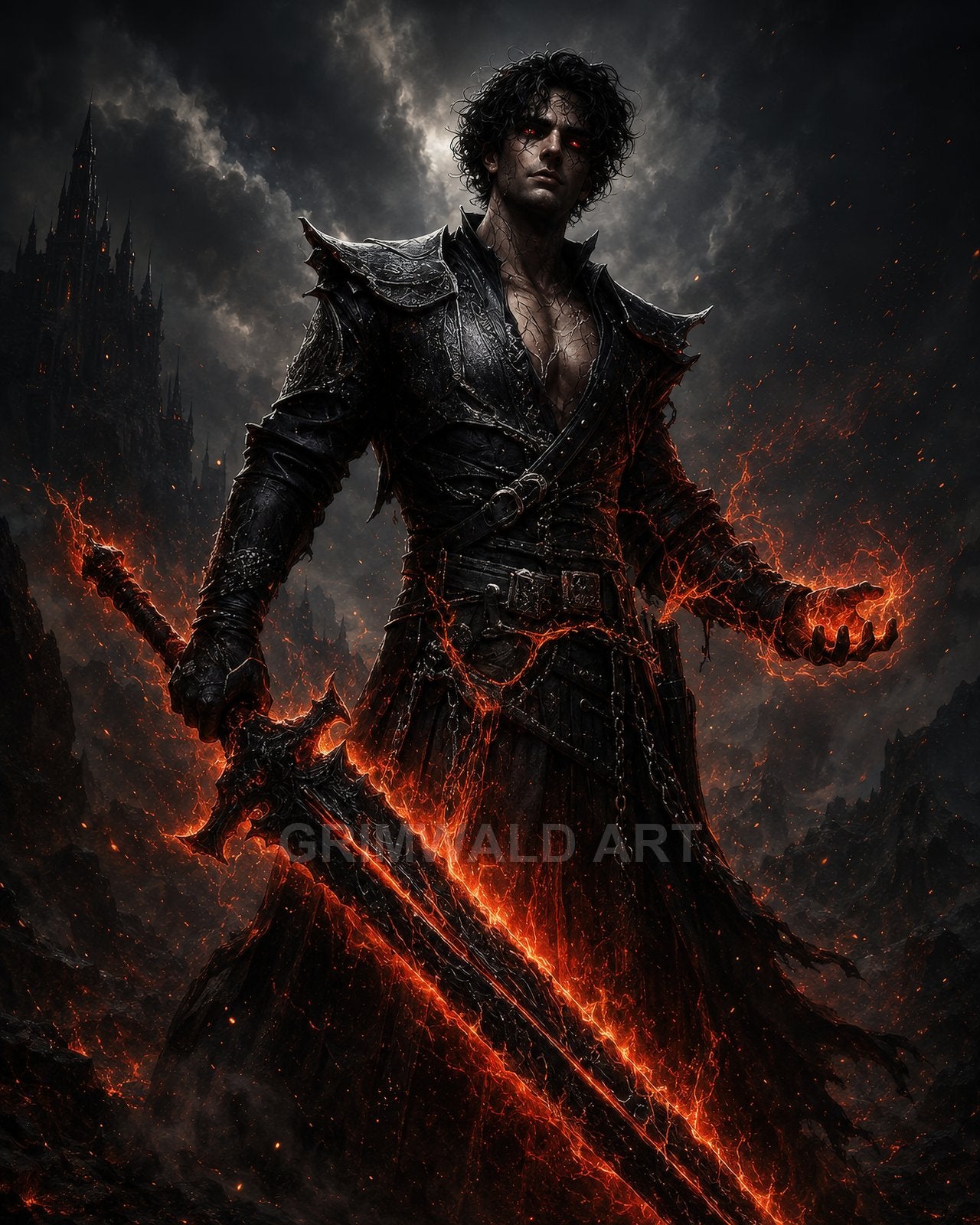 A male warrior in black armour with glowing red eyes brandishes a molten greatsword, firelit amid smoke, embers, and a looming gothic castle.