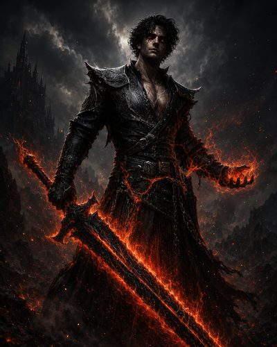GRID THUMBNAIL — A male warrior in black armour with glowing red eyes brandishes a molten greatsword, firelit amid smoke, embers, and a looming gothic castle.