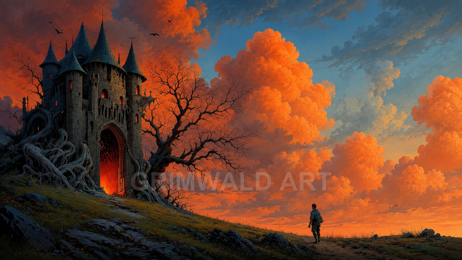 Gothic stone castle with glowing red portal and twisted roots beneath towering orange sunset clouds, a lone traveller on rocky path, birds overhead.