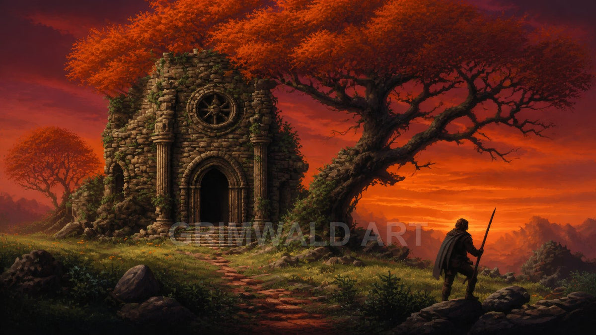Ruined stone chapel beside a gnarled tree under a fiery orange sunset, with a lone cloaked figure holding a spear overlooking distant mountains and a meadow path.
