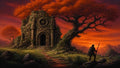 GRID THUMBNAIL — Ruined stone chapel beside a gnarled tree under a fiery orange sunset, with a lone cloaked figure holding a spear overlooking distant mountains and a meadow path.