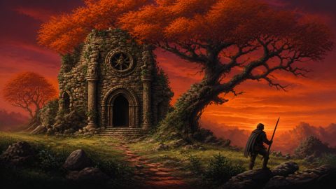 GRID THUMBNAIL — Ruined stone chapel beside a gnarled tree under a fiery orange sunset, with a lone cloaked figure holding a spear overlooking distant mountains and a meadow path.