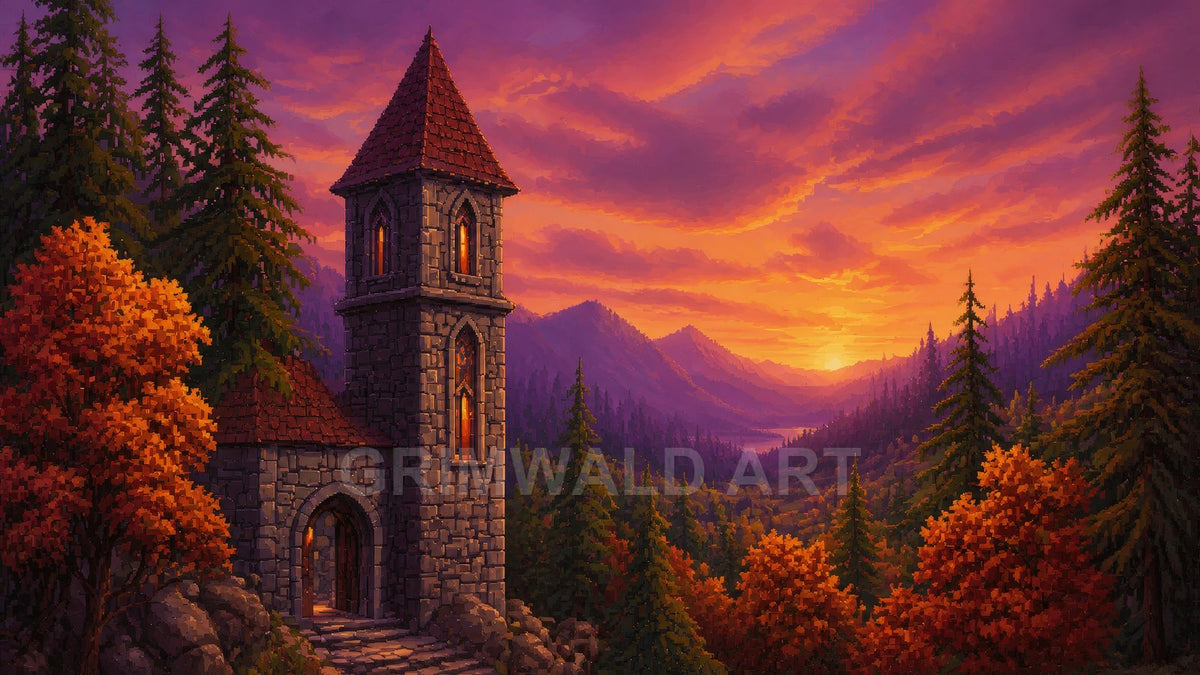 Pixel art scene of a stone tower amid pine and autumn trees, overlooking distant purple mountains under a glowing orange sunset sky with soft clouds.
