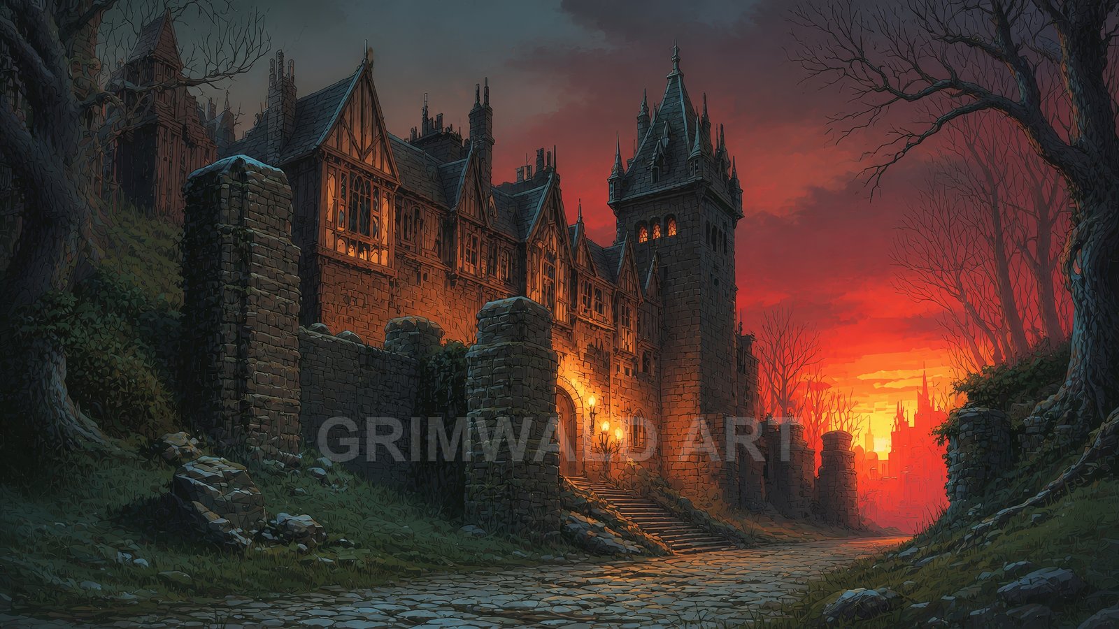 Cobblestone road leading to a gothic stone castle with warm lamplight, leafless trees, and a fiery sunset sky over distant spires.