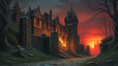 GRID THUMBNAIL — Cobblestone road leading to a gothic stone castle with warm lamplight, leafless trees, and a fiery sunset sky over distant spires.