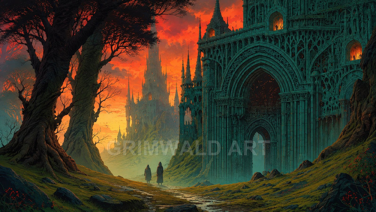 Two cloaked travellers follow a winding path toward a vast gothic cathedral ruin, with distant spired castle beneath a fiery sunset sky.