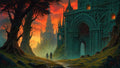 GRID THUMBNAIL — Two cloaked travellers follow a winding path toward a vast gothic cathedral ruin, with distant spired castle beneath a fiery sunset sky.
