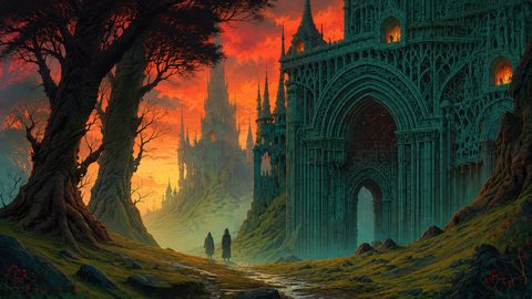 GRID THUMBNAIL — Two cloaked travellers follow a winding path toward a vast gothic cathedral ruin, with distant spired castle beneath a fiery sunset sky.