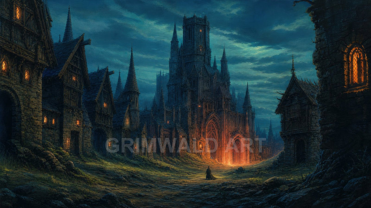 Gothic cathedral with glowing orange doorway dominates a cobbled medieval street at twilight, surrounded by dark stone houses and a lone cloaked figure.