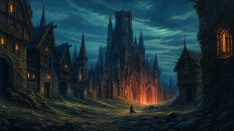 GRID THUMBNAIL — Gothic cathedral with glowing orange doorway dominates a cobbled medieval street at twilight, surrounded by dark stone houses and a lone cloaked figure.