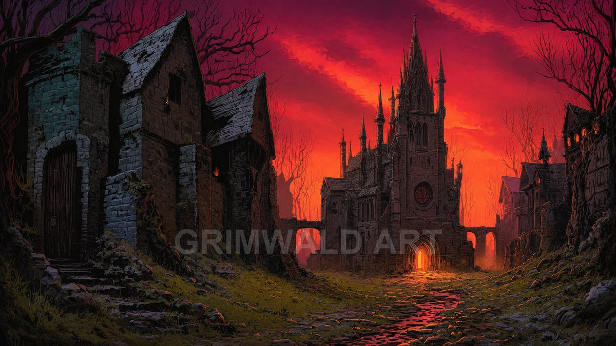 Gothic stone cathedral glows with orange light at sunset, lining a mossy cobbled lane through a ruined medieval village beneath a scarlet sky.