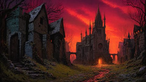 GRID THUMBNAIL — Gothic stone cathedral glows with orange light at sunset, lining a mossy cobbled lane through a ruined medieval village beneath a scarlet sky.