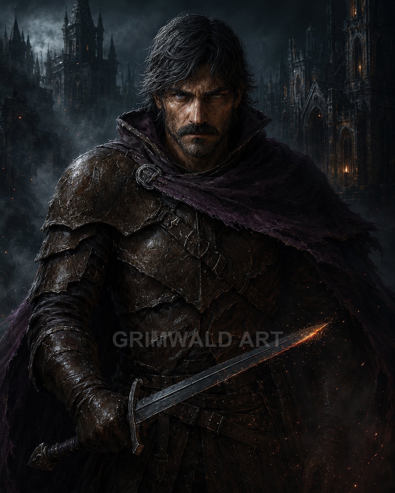 Armoured male warrior with ember-lit sword stands before misty gothic cathedrals at night, cloaked in dark fabric amid drifting sparks.