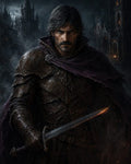 GRID THUMBNAIL — Armoured male warrior with ember-lit sword stands before misty gothic cathedrals at night, cloaked in dark fabric amid drifting sparks.