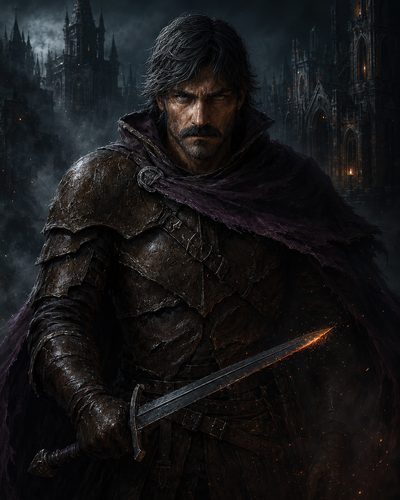 GRID THUMBNAIL — Armoured male warrior with ember-lit sword stands before misty gothic cathedrals at night, cloaked in dark fabric amid drifting sparks.