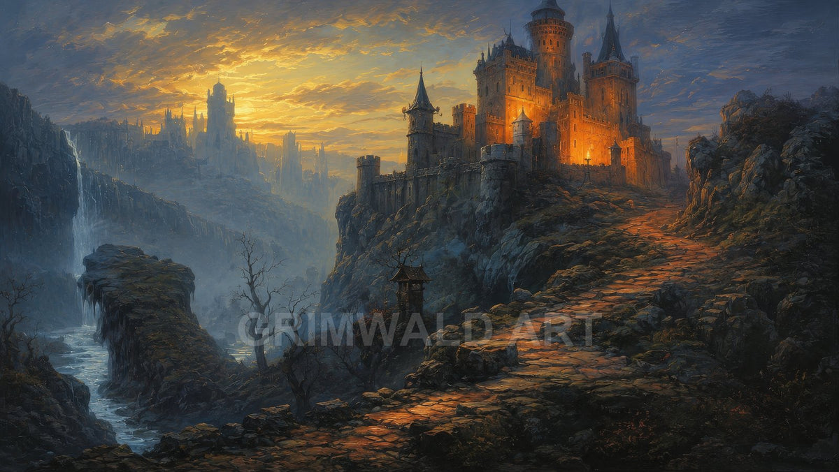 A glowing hilltop castle at sunset overlooks a misty gorge with a cascading waterfall, rugged rocks, bare trees, and a winding stone path.