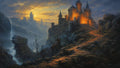 GRID THUMBNAIL — A glowing hilltop castle at sunset overlooks a misty gorge with a cascading waterfall, rugged rocks, bare trees, and a winding stone path.