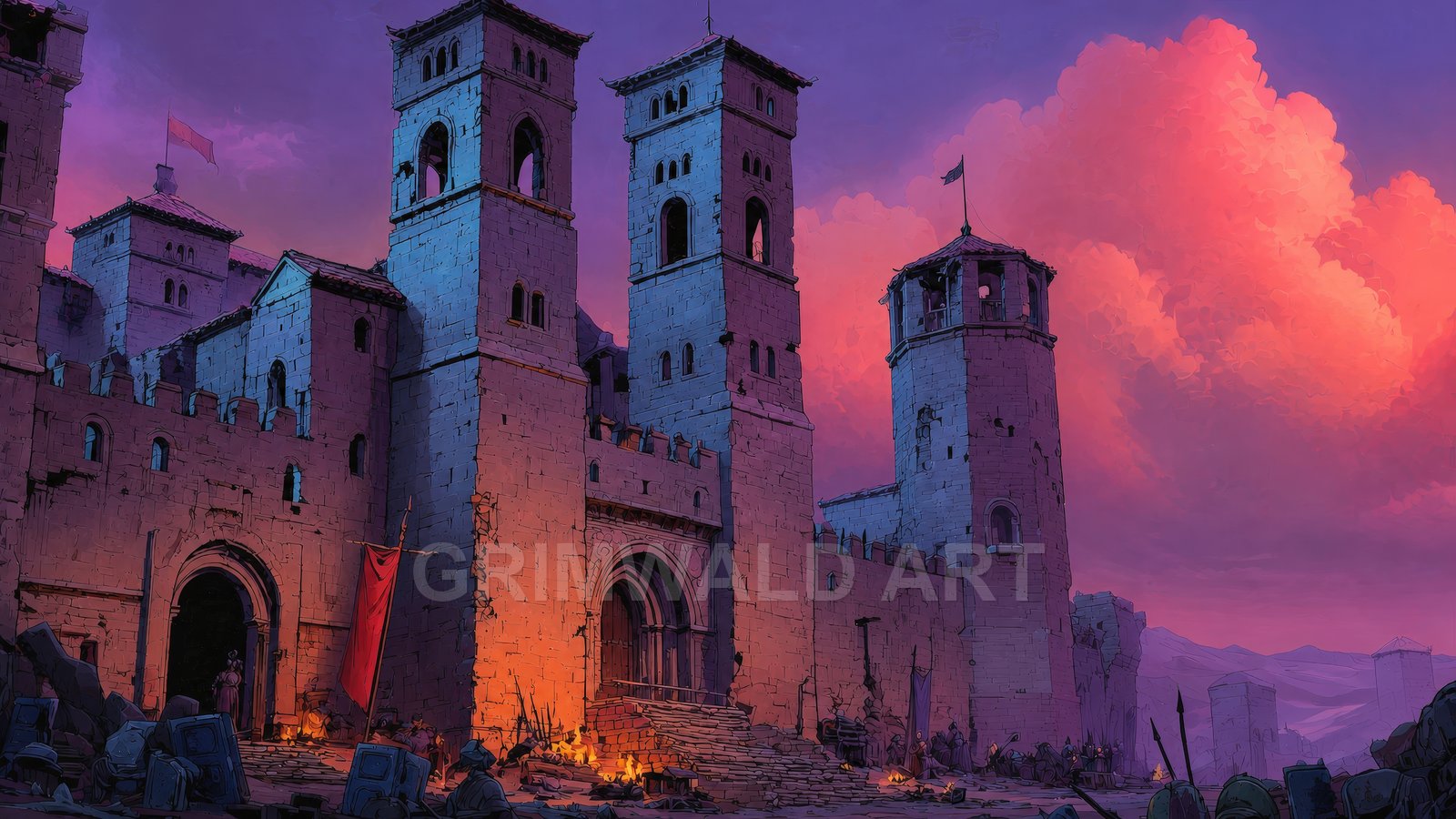 Medieval stone castle with tall towers, its gates glowing with firelight beneath vivid purple-pink sunset clouds, surrounded by campfires, banners and debris.
