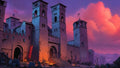 GRID THUMBNAIL — Medieval stone castle with tall towers, its gates glowing with firelight beneath vivid purple-pink sunset clouds, surrounded by campfires, banners and debris.