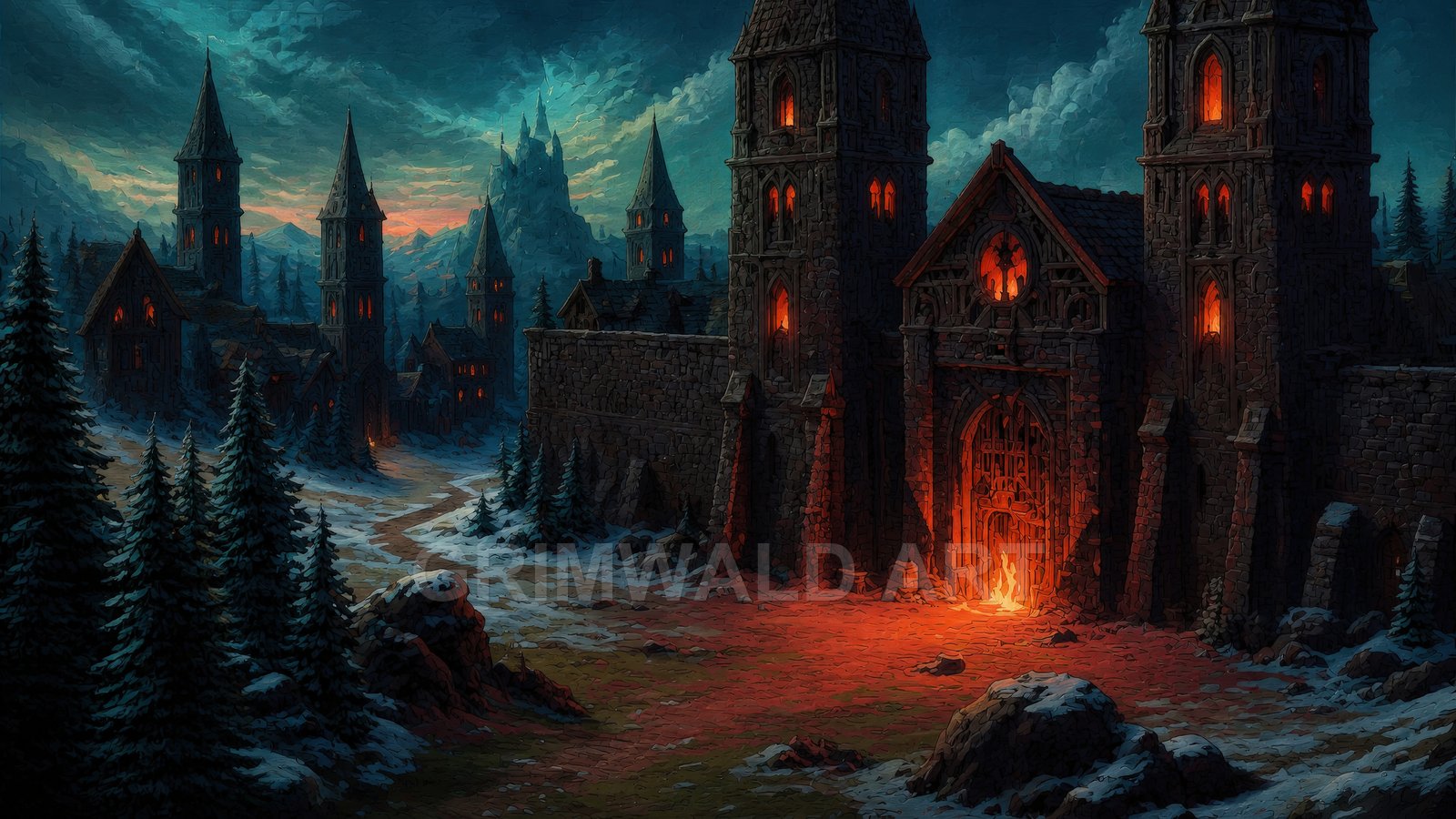 Snow-dusted medieval fortress with glowing orange windows and a firelit gate, surrounded by pine trees and distant mountains under a moody twilight sky.
