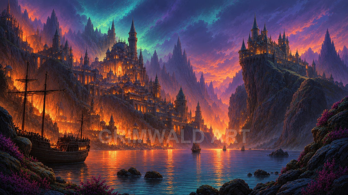 A colossal fantasy city of glowing spires carved into coastal cliffs at twilight, reflected in still water with sailing ships and distant peaks.