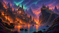 GRID THUMBNAIL — A colossal fantasy city of glowing spires carved into coastal cliffs at twilight, reflected in still water with sailing ships and distant peaks.