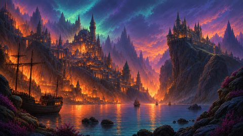 GRID THUMBNAIL — A colossal fantasy city of glowing spires carved into coastal cliffs at twilight, reflected in still water with sailing ships and distant peaks.