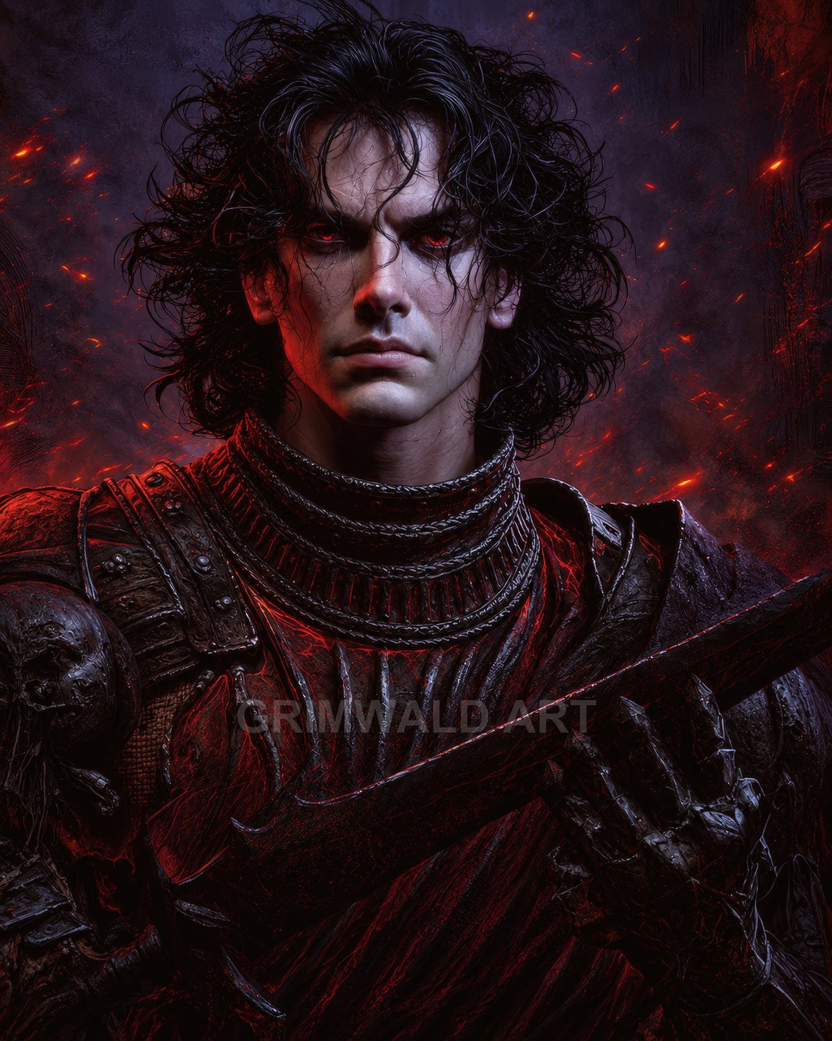 Firelit portrait of a male knight in blackened armour gripping a sword, red-glowing eyes amid drifting embers and smoke against a dark background.