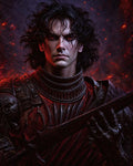 GRID THUMBNAIL — Firelit portrait of a male knight in blackened armour gripping a sword, red-glowing eyes amid drifting embers and smoke against a dark background.