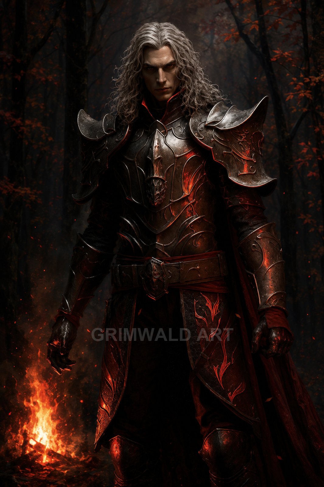 Dark armoured knight with silver hair stands in a shadowy autumn forest, lit from below by fiery embers and glowing red engravings.