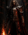 GRID THUMBNAIL — Dark armoured knight with silver hair stands in a shadowy autumn forest, lit from below by fiery embers and glowing red engravings.