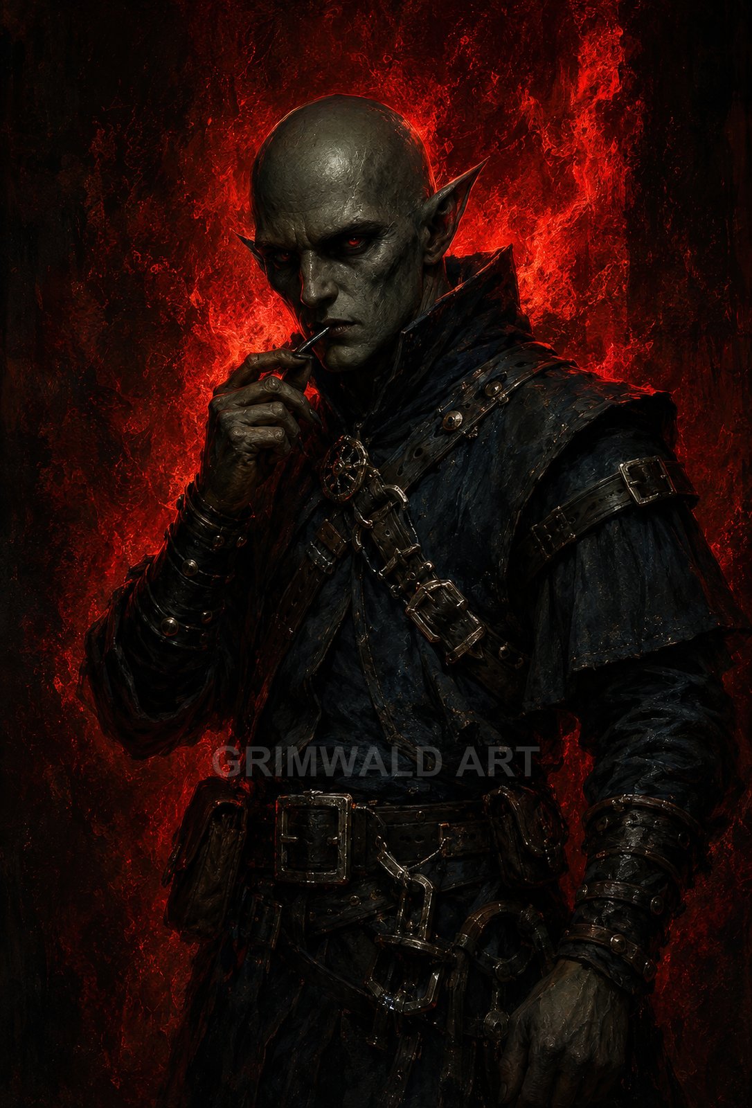 Bald, red-eyed demon assassin in dark leather and buckles holds a small dagger before blazing red flames, lit by fiery glow.
